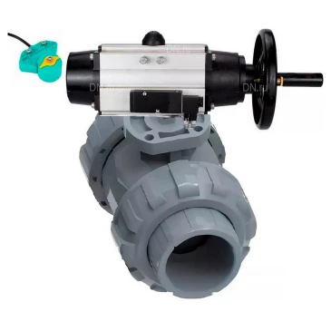 Кран шаровой DN.ru BV4242E-FP-GRM-ISO Дн80 Ру10 полнопроходной, корпус - НПВХ, шар - НПВХ, уплотнение - EPDM, с пневмоприводом PA-DA-105-1, пневмораспределителем 4M310-08 24В и магнитным переключателем ALS200D