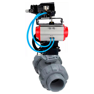 Кран шаровой DN.ru BV4242E-FP-GRM-ISO Дн25 Ру10 полнопроходной, корпус - НПВХ, шар - НПВХ, уплотнение - EPDM, с пневмоприводом PA-DA-052, ручным дублером MON1-250-T26-ISO и пневмопозиционером YT-1000RSN с обратной связью