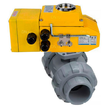 Кран шаровой DN.ru BV4242E-FP-GRM-ISO Дн32 Ру10 полнопроходной, корпус - НПВХ, шар - НПВХ, уплотнение - EPDM, с электроприводом DN.ru QT-N-005EM-A1-220VAC-У1 c датчиком обратной связи и входным управляющим сигналом 4-20мА