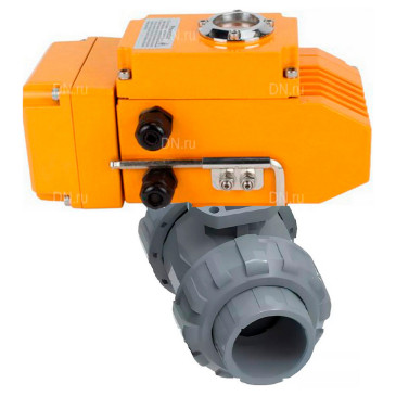 Кран шаровой DN.ru BV4242E-FP-GRM-ISO Дн32 Ру10 полнопроходной, корпус - НПВХ, шар - НПВХ, уплотнение - EPDM, с электроприводом DN.ru QT-N-005EM-B1-220VAC-У1 c датчиком обратной связи и входным управляющим сигналом 0-10