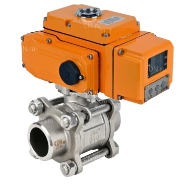 Кран шаровой DN.ru BV3232P(3pc)-FP-W-ISO-H WDVF Ду15 Ру63 полнопроходной, трехсоставной, нерж. сталь 316, уплотнение - PTFE, под приварку, с электроприводом четвертьоборотным DN.ru QT-N-005EM-A1-24VDC-У1 HARK