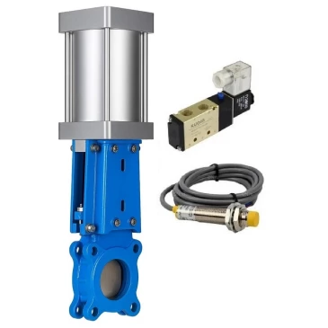 Задвижка шиберная DN.ru GVKR3131M-1W-Fb-2P Ду150 Ру10 односторонняя, межфланцевая, шпиндель - выдвижной, корпус - нерж.сталь 304, шибер - нерж.сталь 304, металл, WENZ, с пн.приводом, пн.распределителем 4V210-08 220В KUOIN и датчиками LJ12A3-4-J/EZ 220В