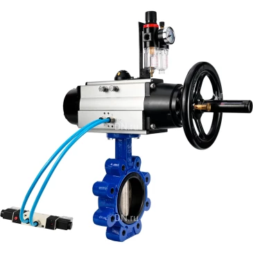 Затвор дисковый поворотный DN.ru WBV1616E-2W-Fb-H Ду125 Ру16 LUG, корпус - чугун QT450, диск - чугун QT450, уплотнение - EPDM, с пневмоприводом PA-DA-105-1, пневмораспределителем 4V320-10 NAMUR AC220V и БПВ AFC2000