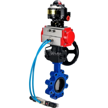 Затвор дисковый поворотный DN.ru WBV1631E-2W-Fb-H Ду125 Ру16 LUG, корпус - чугун, диск - нержавеющая сталь 304, уплотнение - EPDM, с пневмоприводом PA-DA-105, пневмораспределителем 4V320-10 NAMUR AC220V, ручным дублером MON3-700-T38-ISO и БКВ APL-510N EX