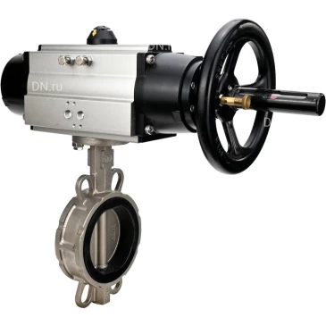 Затвор дисковый поворотный DN.ru WBV3131V-2W-Fb-H Ду150 Ру16 межфланцевый, корпус - нержавеющая сталь 304, диск - нержавеющая сталь 304, уплотнение - VITON, с пневмоприводом PA-DA-105-1 двойного действия со штурвалом