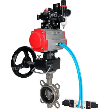 Затвор дисковый поворотный DN.ru WBV3131N-2W-Fb-H Ду100 Ру16, корпус - сталь 304, диск - сталь 304, уплотнение - NBR, с пневмоприводом PA-DA-083, пневмораспределителем 4V320-08 NAMUR AC220V, ручным дублером MON2-450-T28-ISO, БКВ APL-210N и БПВ AFC2000