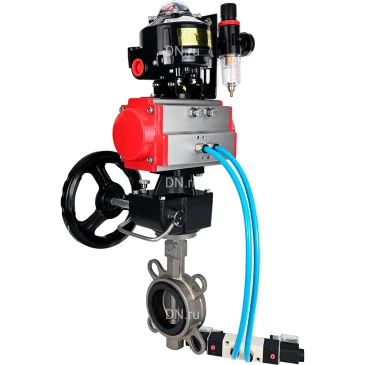 Затвор дисковый поворотный DN.ru WBV3131N-2W-Fb-H Ду100 Ру16, корпус - сталь 304, диск - сталь 304, уплотнение - NBR, с пневмоприводом PA-DA-083, пневмораспределителем 4V320-08 NAMUR AC220V, ручным дублером MON2-450-T28-ISO, БКВ APL-510N EX и БПВ AFC2000