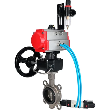 Затвор дисковый поворотный DN.ru WBV3131N-2W-Fb-H Ду125 Ру16, корпус - нержавеющая сталь 304, диск - нержавеющая сталь 304, уплотнение - NBR, с пневмоприводом PA-DA-105, пневмораспределителем 4V320-10 NAMUR AC220V и ручным дублером MON3-700-T38-ISO