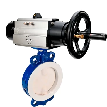 Затвор дисковый поворотный DN.ru WBV3434Pf-2W-Fb-R Ду150 Ру16, корпус - углеродистая сталь WCB, диск - углеродистая сталь WCB, футерованный PTFE, уплотнение - PTFE, с пневмоприводом PA-DA-105-1