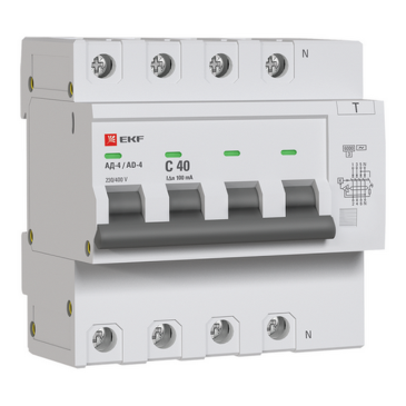 Автоматический выключатель дифференциального тока четырехполюсный EKF PROxima АД-4 С40 АС100 3P+N, ток утечки - 100 мА, переменный, сила тока - 40 А, отключающая способность - 4.5 кА