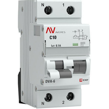 Автоматический выключатель дифференциального тока двухполюсный EKF AVERES DVA-6 1P+N 10 A (C) 100 мА (AC), ток утечки 100 мА, переменный, сила тока 10 A