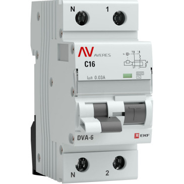 Автоматический выключатель дифференциального тока двухполюсный EKF AVERES DVA-6 1P+N 63 A (D) 30 мА (AC), ток утечки 30 мА, переменный, сила тока 63 A