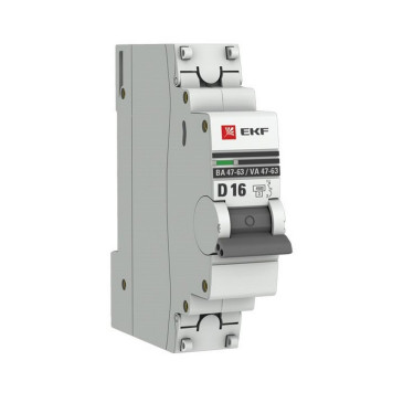 Автоматический выключатель однополюсный EKF PROxima ВА47-63 1P 16A (D) 4.5кА, сила тока 16 A, тип расцепления D, отключающая способность 4.5 кА