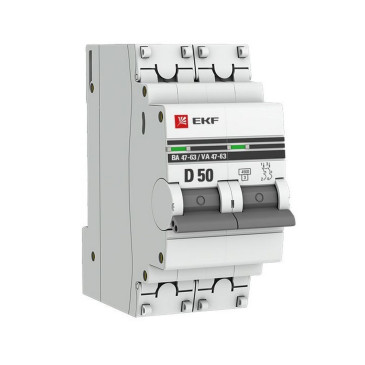 Автоматический выключатель двухполюсный EKF PROxima ВА47-63 2P 50A (D) 4.5кА, сила тока 50 A, тип расцепления D, отключающая способность 4.5 кА