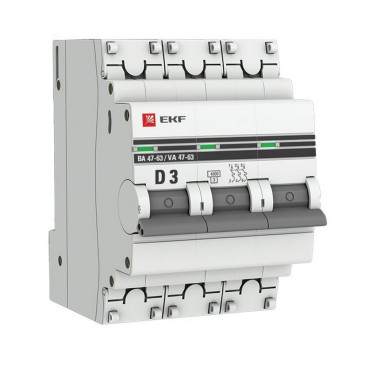Автоматический выключатель трехполюсный EKF PROxima ВА47-63 3P 3A (D) 4.5кА, сила тока 3 A, тип расцепления D, отключающая способность 4.5 кА