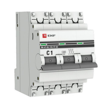 Автоматический выключатель трехполюсный EKF PROxima ВА47-63 3P 1A (C) 4.5кА, сила тока 1 A, тип расцепления C, отключающая способность 4.5 кА
