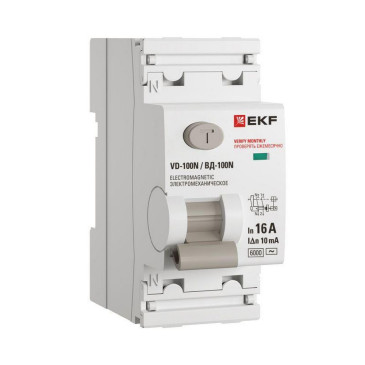 Автоматический выключатель дифференциального тока двухполюсный EKF PROxima ВД-100N 2P 16А АС10, ток утечки 10 мА, сила тока 16 А