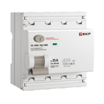 Автоматический выключатель дифференциального тока четырехполюсный EKF PROxima ВД-100N 4P 25А АС30, ток утечки 30 мА, сила тока 25 А