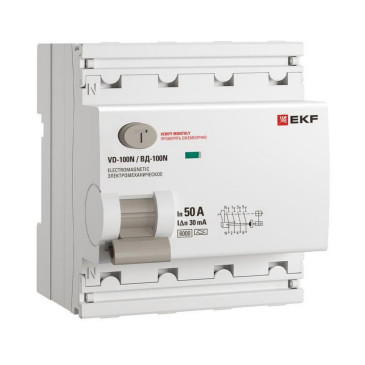 Автоматический выключатель дифференциального тока четырехполюсный EKF PROxima ВД-100N 4P 50А А30, ток утечки 30 мА, сила тока 50 А