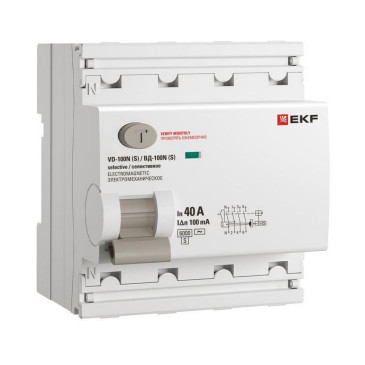 Автоматический выключатель дифференциального тока четырехполюсный EKF PROxima ВД-100N(S) 4P 40А АС100, ток утечки 100 мА, сила тока 40 А