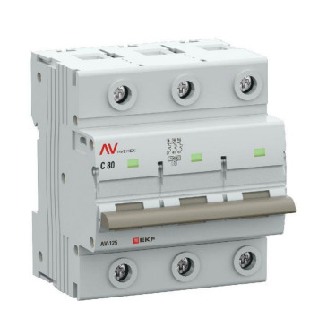 Автоматический выключатель трехполюсный EKF AVERES AV-125 3P (C) 80А 10кА, сила тока 80 A, тип расцепителя C, отключающая способность 10 кА