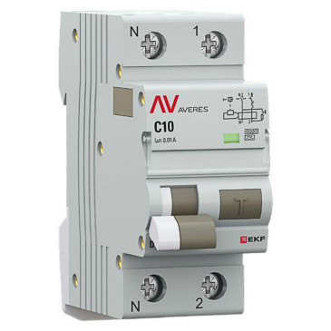 Автоматический выключатель дифференциального тока двухполюсный EKF AVERES DVA-6 2P (1P+N) (C) 10А А10, ток утечки 10 мА, переменный, сила тока 10 А