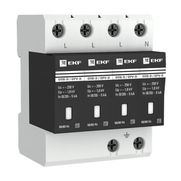 Ограничитель импульсных перенапряжений EKF ОПВ 4P класс защиты D, разрядный ток - 5 кА, с сигнализацией