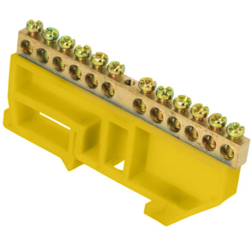 Шина нулевая EKF PROxima N 6x9 мм на изоляторе, 12 отверстий, желтый изолятор на DIN-рейку, корпус-латунь, 10 шт