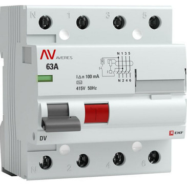УЗО четырехполюсное EKF AVERES DV 4P 63 A 100 мА (AC), электромеханическое,ток утечки 100 мА, переменный, сила тока 63 A