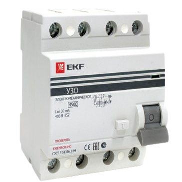УЗО четырехполюсное EKF PROxima ВД-100 4P, тип АС, ток утечки 100мА, электромеханическое, сила тока 63А