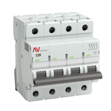 Автоматический выключатель четырехполюсный EKF AVERES AV-6 4P 20A (C) 6кА, сила тока 20 A, тип расцепителя C, отключающая способность 6 кА