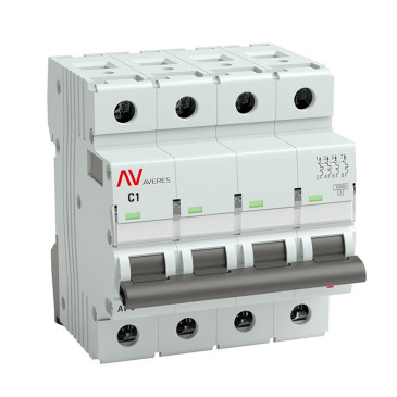 Автоматический выключатель четырехполюсный EKF AVERES AV-10 4P 1A (C) 10кА, сила тока 1 A, тип расцепителя C, отключающая способность 10 кА