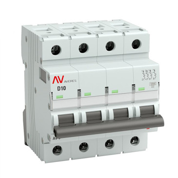 Автоматический выключатель четырехполюсный EKF AVERES AV-10 4P 10A (D) 10кА, сила тока 10 A, тип расцепителя D, отключающая способность 10 кА