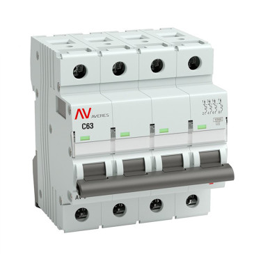 Автоматический выключатель четырехполюсный EKF AVERES AV-10 4P 63A (C) 10кА, сила тока 63 A, тип расцепителя C, отключающая способность 10 кА