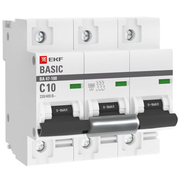 Автоматический выключатель трехполюсный EKF Basic ВА47-100 3P 50А (С) 10kА, сила тока 50 А, тип расцепления C, отключающая способность 10 kА