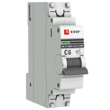 Автоматический выключатель однополюсный EKF PROxima BA47-63M 1P 1A (D) 6kА с электромагнитным расцепителем, сила тока 1 А, тип расцепления D, отключающая способность 6 kА