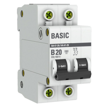 Автоматический выключатель двухполюсный EKF Basic ВА47-29 2P 20А (B) 4.5kА, сила тока 20 А, тип расцепления B, отключающая способность 4.5 kА