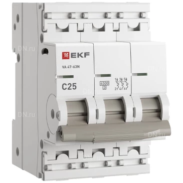 Автоматический выключатель трехполюсный EKF PROxima BA47-63N 3P 25А (C) 4.5кA с электромагнитным расцепителем, сила тока 25А, тип расцепления C, отключающая способность 4.5кА