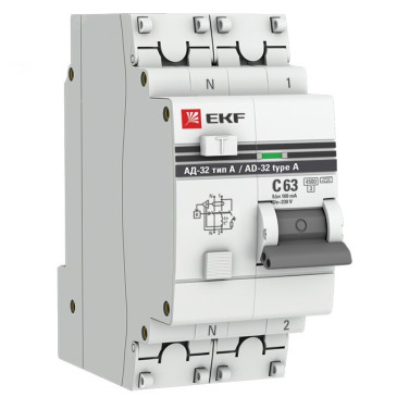 Автоматический выключатель дифференциального тока двухполюсный EKF PROxima АД-32, тип расцепления A, 1P+N, сила тока 63А, ток утечки 30мА