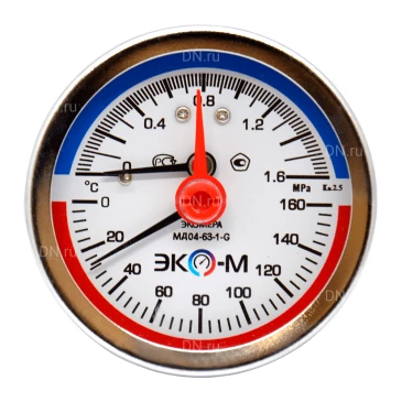 Термоманометр ЭКОМЕРА МД04-63мм 1.6МПа 160°С G1/4″ осевое присоединение, с переходником на G1/2″