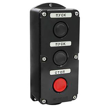 Пост кнопочный Электротехник ПКЕ 222-3 две черные и одна красная кнопки-цилиндр, 10А 660/440В, IP54, У2
