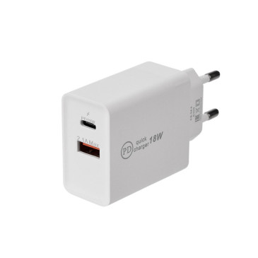 Зарядное устройство REXANT Type-C+USB 3.0 cетевое, выходное напряжение - DC/5В, мощность - 18Вт, выходной ток - 2.1А, цвет - белый