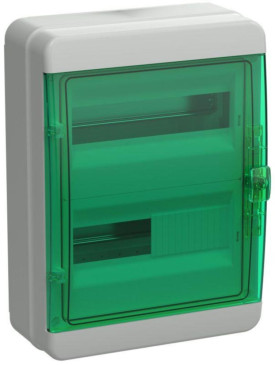 Корпус навесной IEK TEKFOR КМПн модулей-24, рядов-2, глубина - 153 мм, ширина - 300 мм, высота - 410 мм, IP65, материал - пластик, цвет - серый, зеленая прозрачная дверь