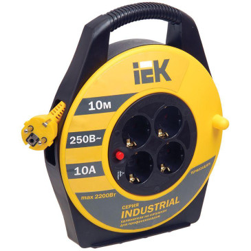 Удлинитель на катушке IEK WKP14-10-04-10 Industrial УК10, розетки - 4 шт, длина кабеля - 10 м, ток номинальный - 10 А, мощность при размотанном кабеле - 2200 Вт, IP20, с заземлением и термозащитой