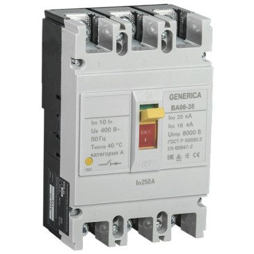 Автоматический выключатель трехполюсный IEK Generica ВА66-35 3Р 250А 25кА, переменный, сила тока 250 А