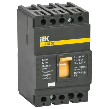 Автоматический выключатель трехполюсный IEK ВА88-32 3Р 63А 25кА, сила тока 63 А