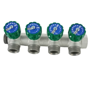 Коллектор модульный ELSEN TIN 3/4″ Ду20 Ру10 корпус – латунь CW617N, покрытие – оловянное, 4 контура, размер отвода – 3/4″ присоединение – евроконус, вентили под 90°