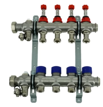 Коллекторная группа ELSEN 1″ Ду25 Ру4 корпус - нержавеющая сталь, 4 контура, размер отвода – 3/4″, с вентилями и расходомерами
