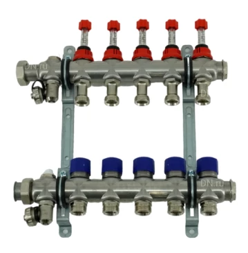 Коллекторная группа ELSEN 1″ Ду25 Ру4 корпус - нержавеющая сталь, 5 контуров, размер отвода – 3/4″, с вентилями и расходомерами