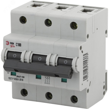Автоматический выключатель трехполюсный ЭРА PRO ВА47-100 3P (D) 40 А, сила тока 40 А, отключающая способность 10 kА, тип расцепителя D